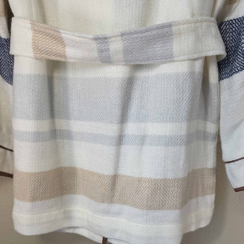 Chico's White Striped Cream Shawl-Collar Belted Blanket Jacket with Navy Beige - Picture 9 of 13